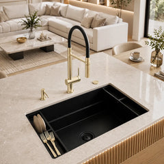 Alvito 3 Wege Wasserhahn U Auslauf aus Edelstahl in Gold - präsentiert in einer Küche