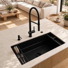 Der Alvito 3 Wege Wasserhahn Primo in Schwarz aus Edelstahl - präsentiert in einer modernen Küche