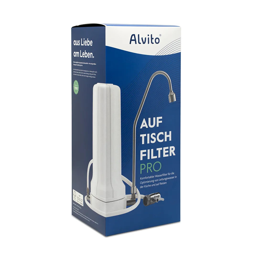 Der Alvito Auftischfilter Pro Wasserfilter mit Edelstahl Auslauf - Verpackung als Freisteller