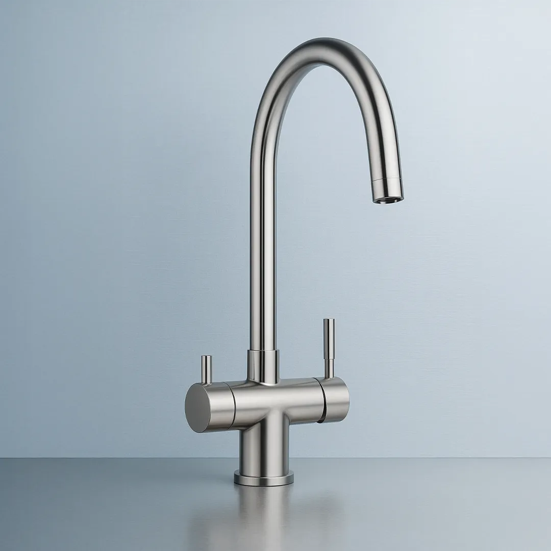 Der ARES 3-Wege-Wasserhahn aus Edelstahl für Osmoseanlagen: Auf blauem Hintergrund