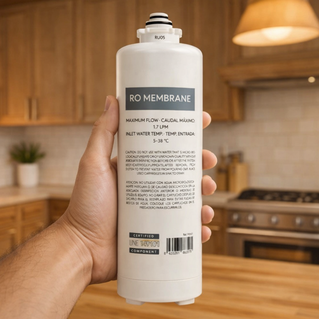 RO Membran für die H.Preiss WOW Osmoseanlage in der Küche in einer Hand haltend