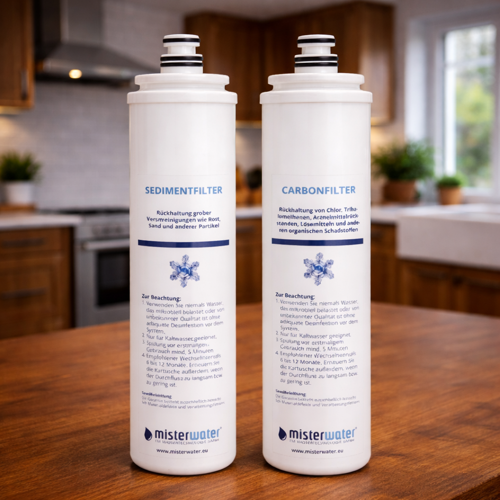 Misterwater Ersatzfilter: Sedimentfilter und Aktivkkohlefilter für Blanca Pro - präsentiert in einer Küche
