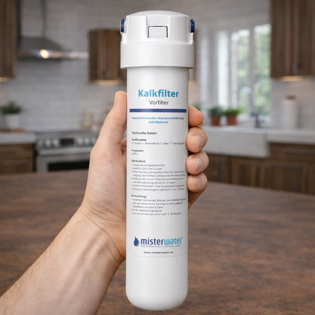 Misterwater Ersatzfilter - Kalkvorfilter für die Futura Single Osmoseanlage - haltend in einer Hand