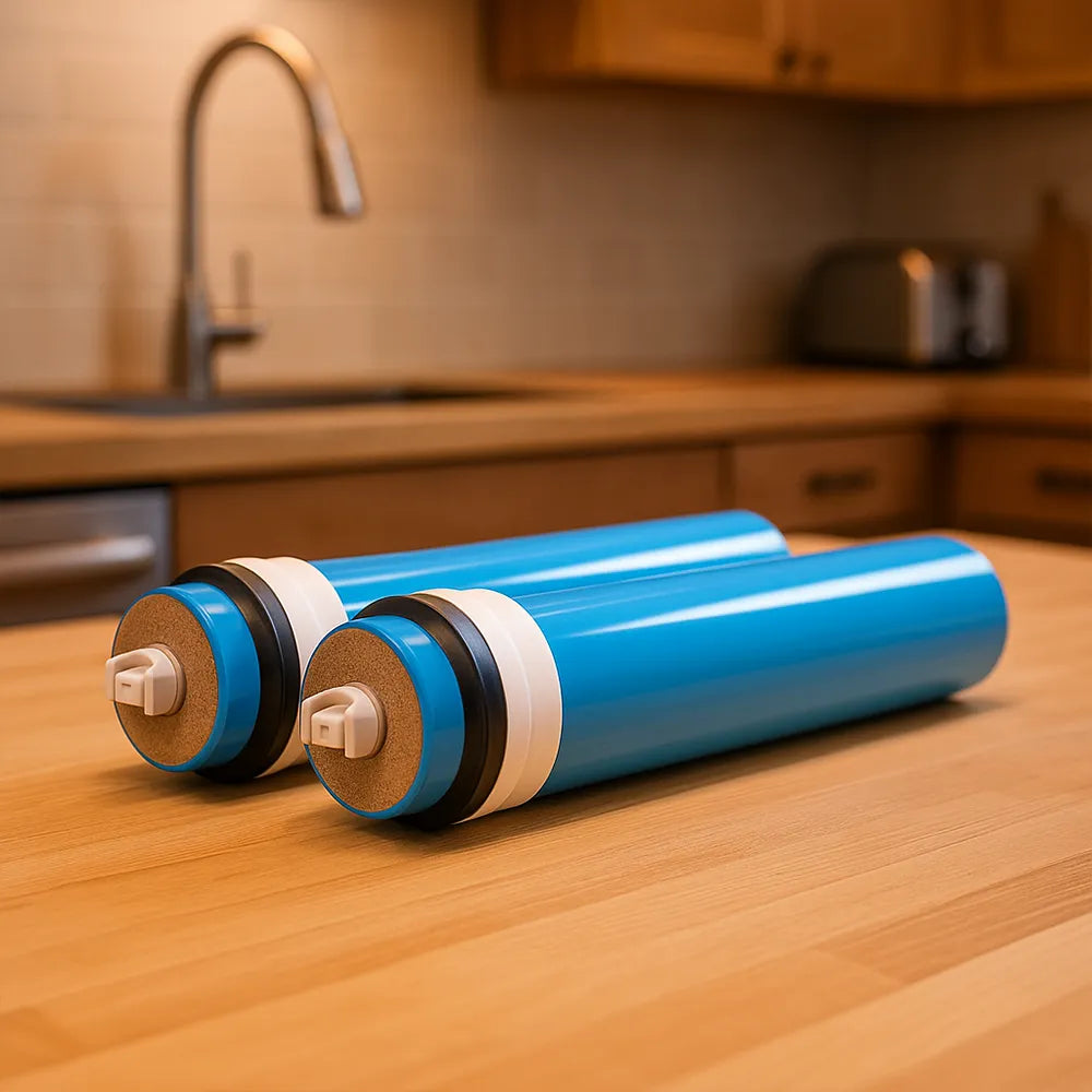Membranset mit 2 150 GPD Membranen für die Wasserfilteranlage Blanca von misterwater - liegend auf Tischplatte