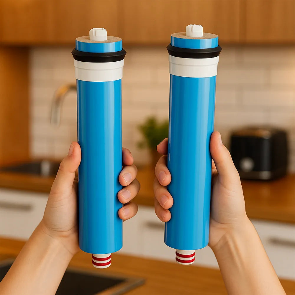 Membranset mit 2 180 GPD Membranen für die Wasserfilteranlage Blanca Pro, New Generation und Arctica von misterwater - haltend in Hand in warmer Küche