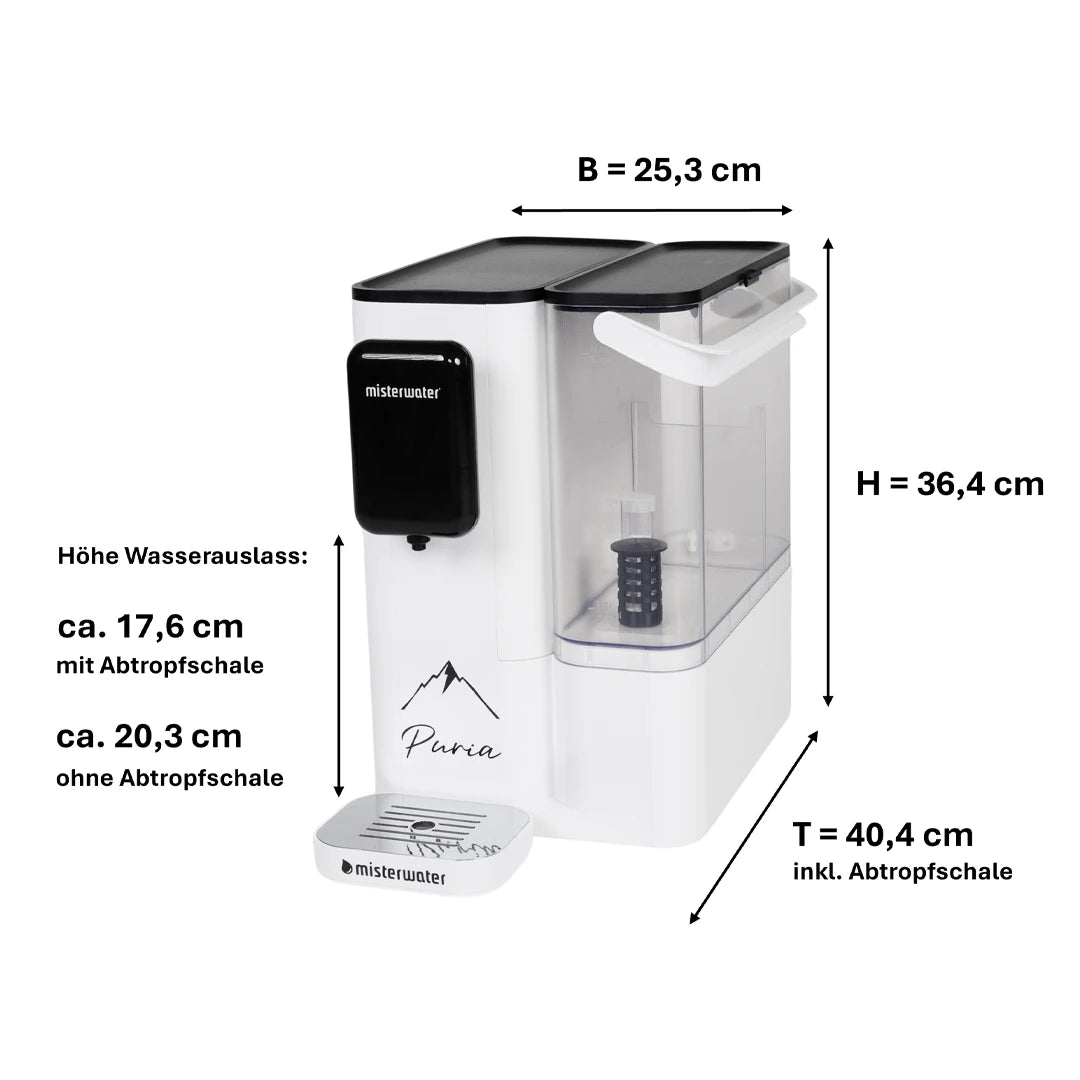 Puria Auftisch Osmoseanlage von Misterwater als Freisteller mit Maßen