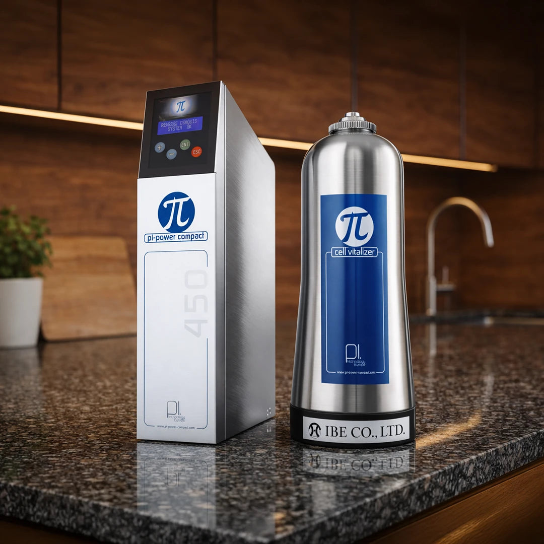 Pi Power Compact 450 Untertisch Osmoseanlage mit Special Pi Cell Vitalizer in Küche auf Granitplatte stehend