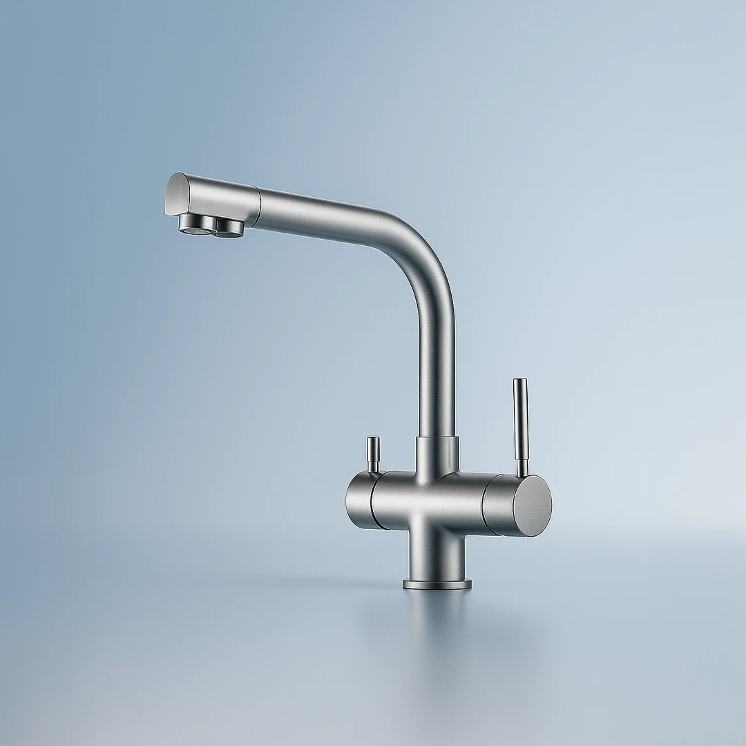 Der Vierwegehahn EW 411 von Evodrop für Osmoseanlagen und Wasserfilter: Auf blauem Hintergrund