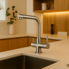 Der 4 Wege Wasserhahn EW 411 von Evodrop für Osmoseanlagen und Wasserfilter: Inszeniert in einer Küche