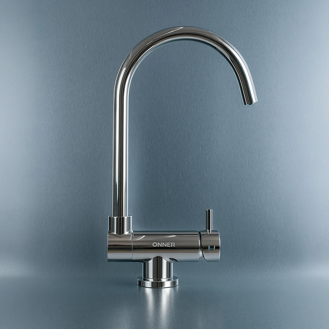 3 Wege Wasserhahn Dion aus Edelstahl für Osmoseanlagen: Auf blau