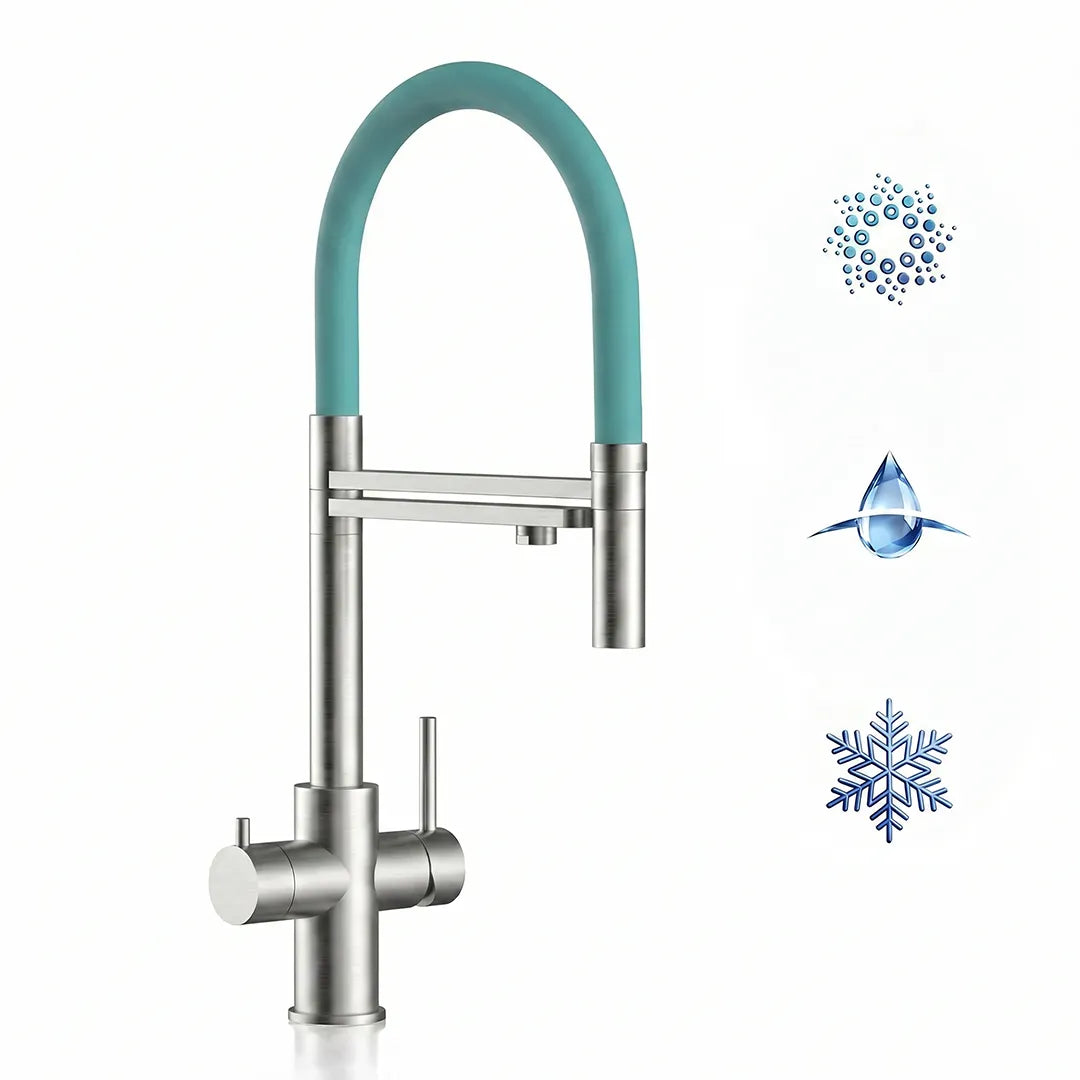 turkis Vizio Technik  5-Wege Küchenarmatur – Edelstahl, 360° schwenkbar, mit Handbrause - mainwasserfilter.com