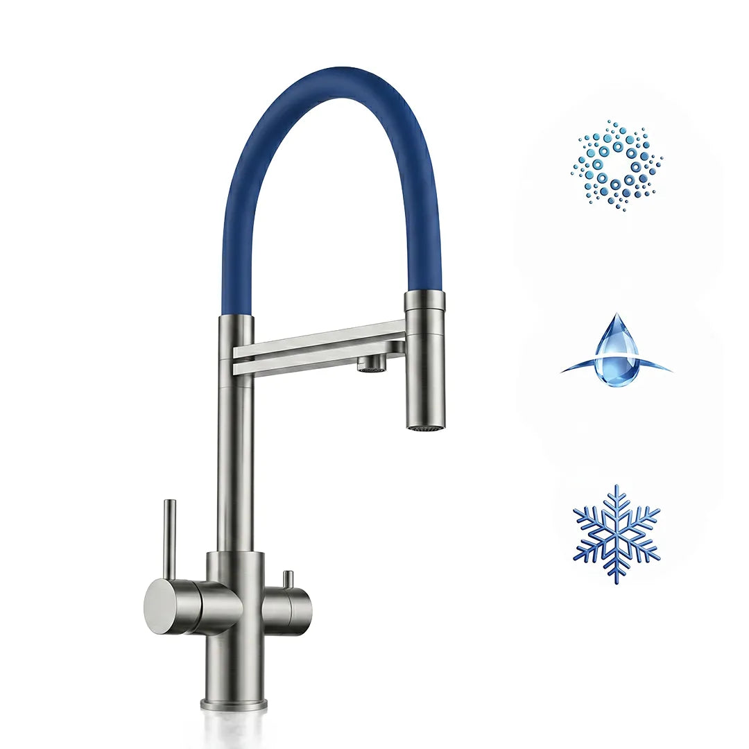 blau, Vizio Technik  5-Wege Küchenarmatur – Edelstahl, 360° schwenkbar, mit Handbrause - mainwasserfilter.com