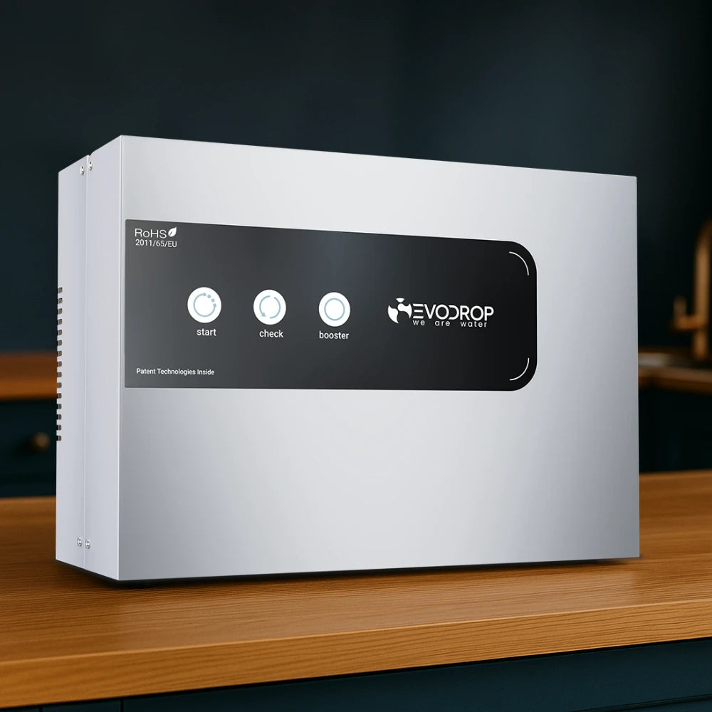 Der Wasserstoffgenerator von Evodrop - der Evobooster steht auf einer Küchenplatte