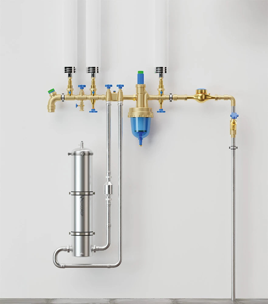 Installationsbild von der Evodrop Evodescale Hauswasseranlage für biologische Entkalkung 