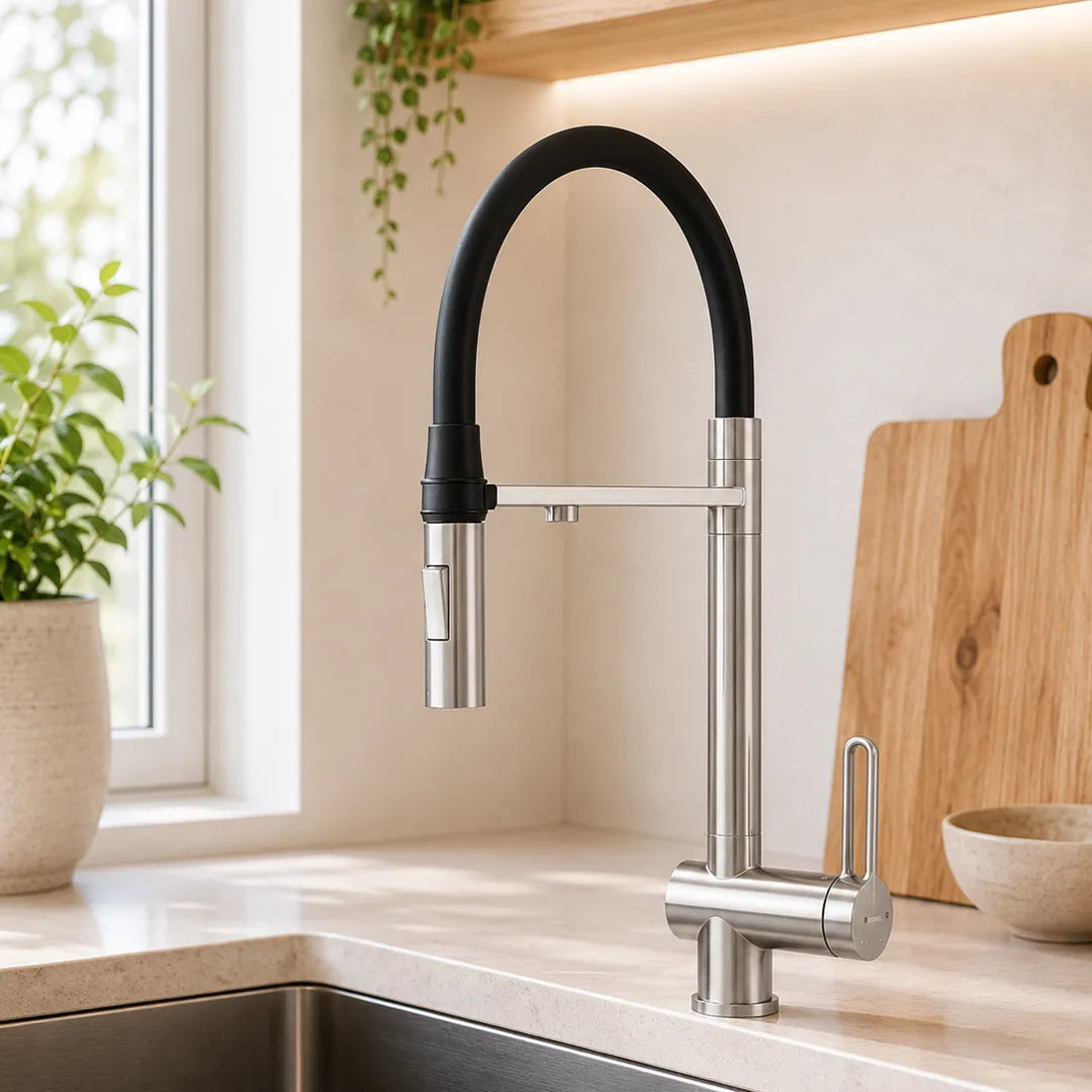 Alvito 3 Wege Wasserhahn aus Edelstahl matt mit ausziehbarer Handbrause - in der Küche