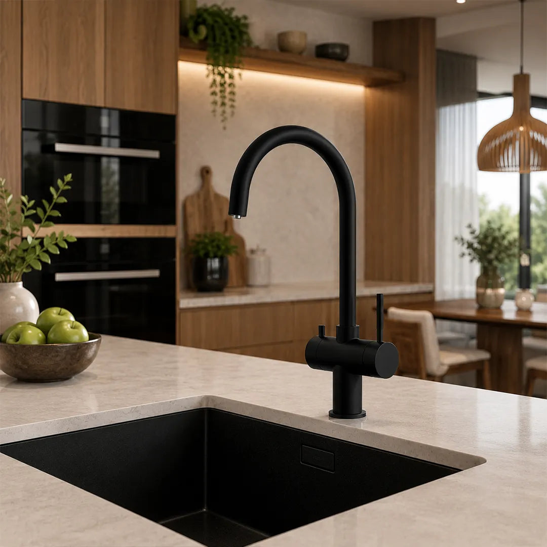 Der schwarze Alvito 3 Wege Wasserhahn Furore aus Edelstahl für Osmoseanlagen: In einer Küche mit Holzelementen präsentiert