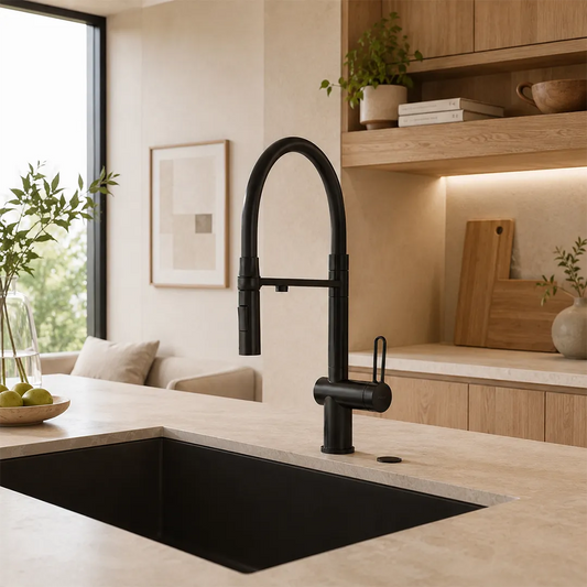 Der Alvito 3 Wege Wasserhahn / Dreiwegehahn Primo in Schwarz aus Edelstahl - in einer modernen Küche