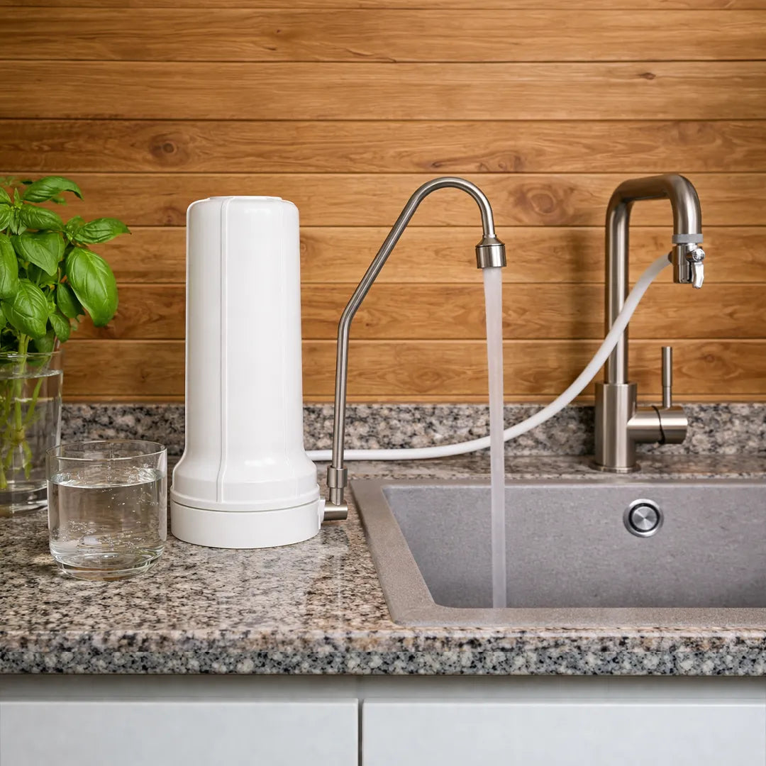 Der Alvito Auftischfilter Pro Wasserfilter mit Edelstahl Auslauf angeschlossen an einen Wasserhahn