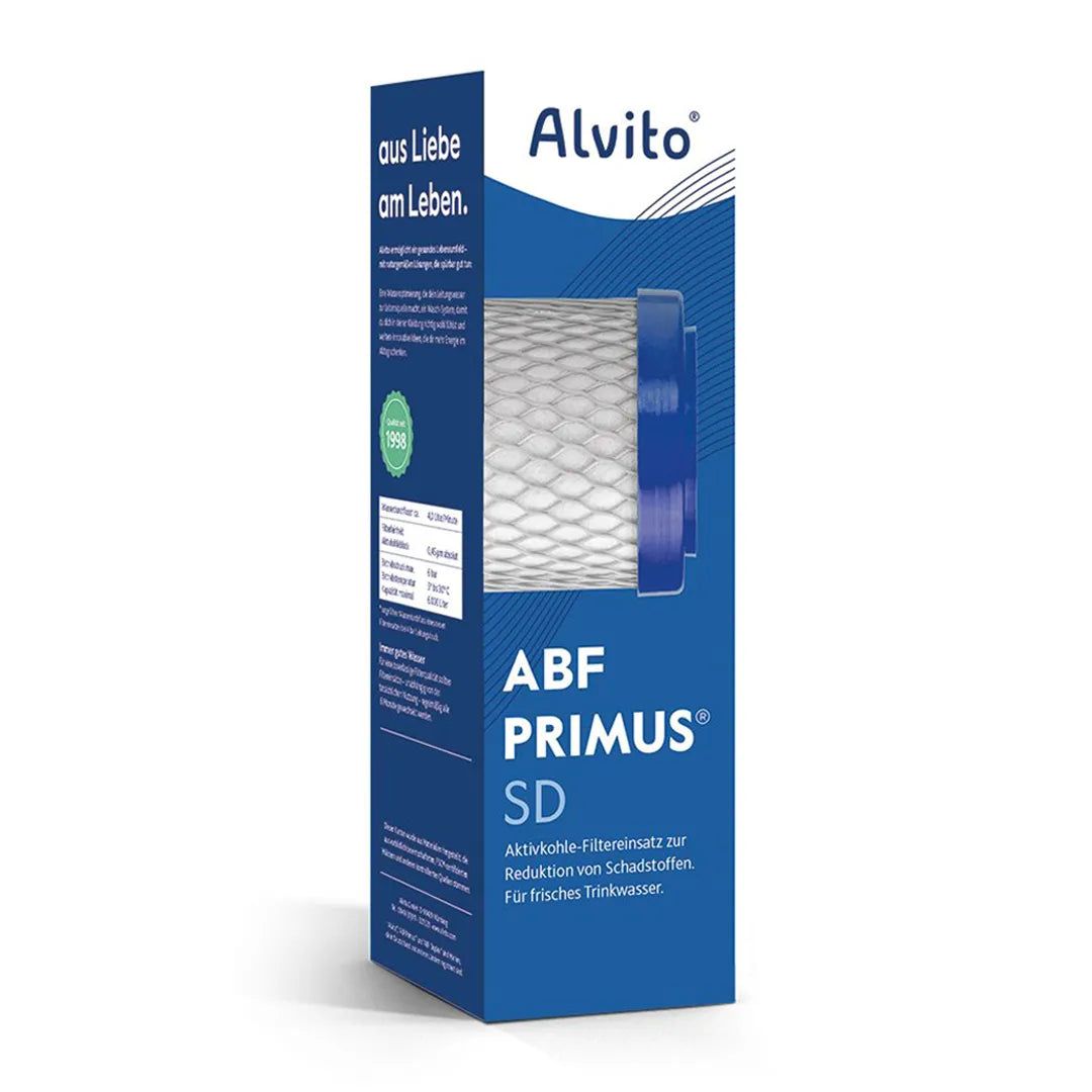 Der Alvito ABF Primus SD Aktivkohlefilter für Auftisch- und Einbaufilter - Verpackung als Freisteller