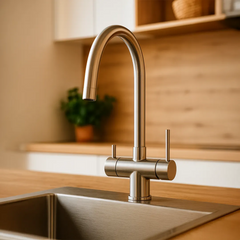 Der ARES 3-Wege-Wasserhahn aus Edelstahl für Osmoseanlagen: Inszeniert in einer Küche