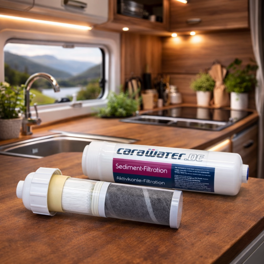 Carawater Ersatz-Filterkartusche mit Sedimentfilter, Aktivkohleblock und Membran für FILTRADOC S in Wohnmobil-Küche