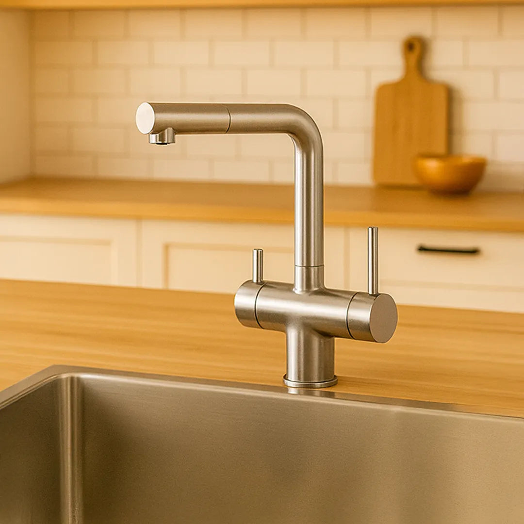 Der Evodrop EW 316 Dreiwegehahn  mit ausziehbarer Brause für Osmoseanlagen und Wasserfilter: In einer Küche platziert