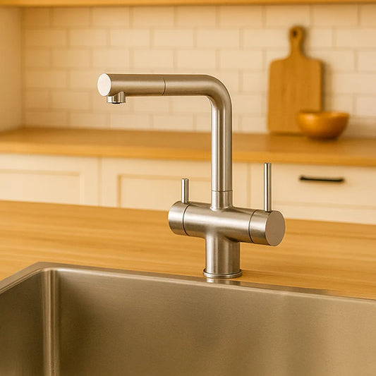 Der Evodrop EW 316 Dreiwegehahn  mit ausziehbarer Brause für Osmoseanlagen und Wasserfilter: In einer Küche platziert
