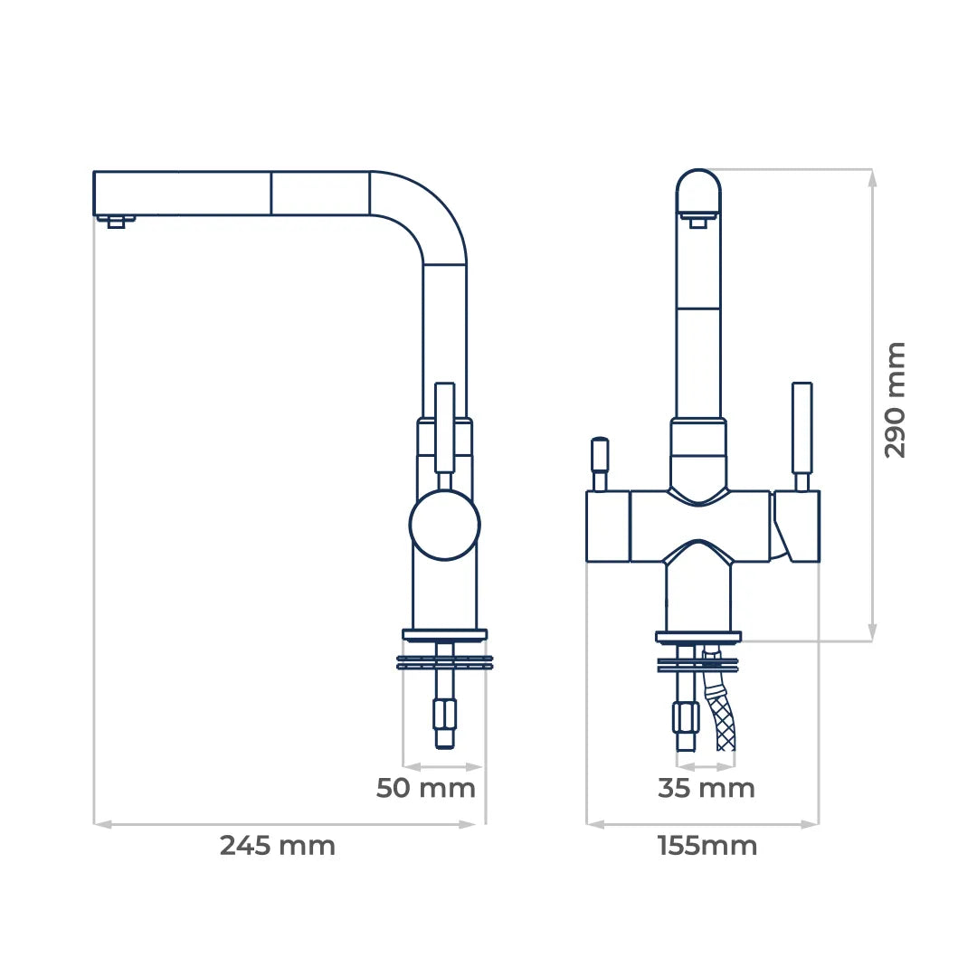 Der Evodrop EW 316 Dreiwegehahn  mit ausziehbarer Brause für Osmoseanlagen und Wasserfilter: Produktmaße als Skizze