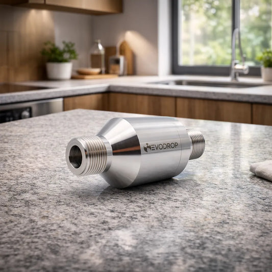 Evodrop EVOtransform Wasser-Verwirbler für das Hauswasser präsentiert auf einer Tischplatte in der Küche