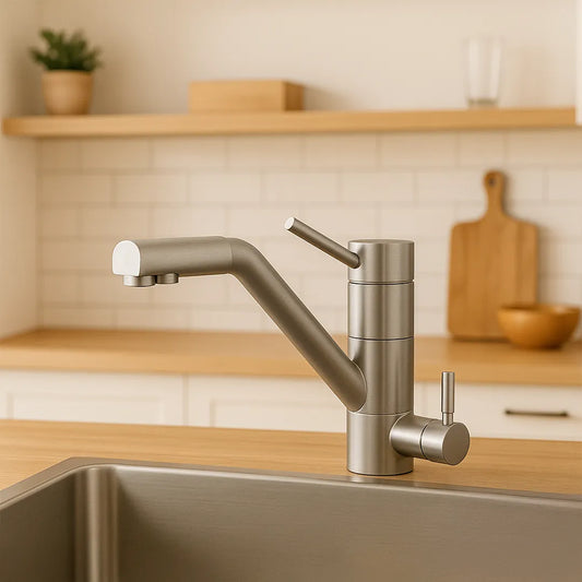 Der Evodrop EW 312 3-Wege-Wasserhahn  für Osmoseanlagen und Wasserfilter: In einer Küche platziert
