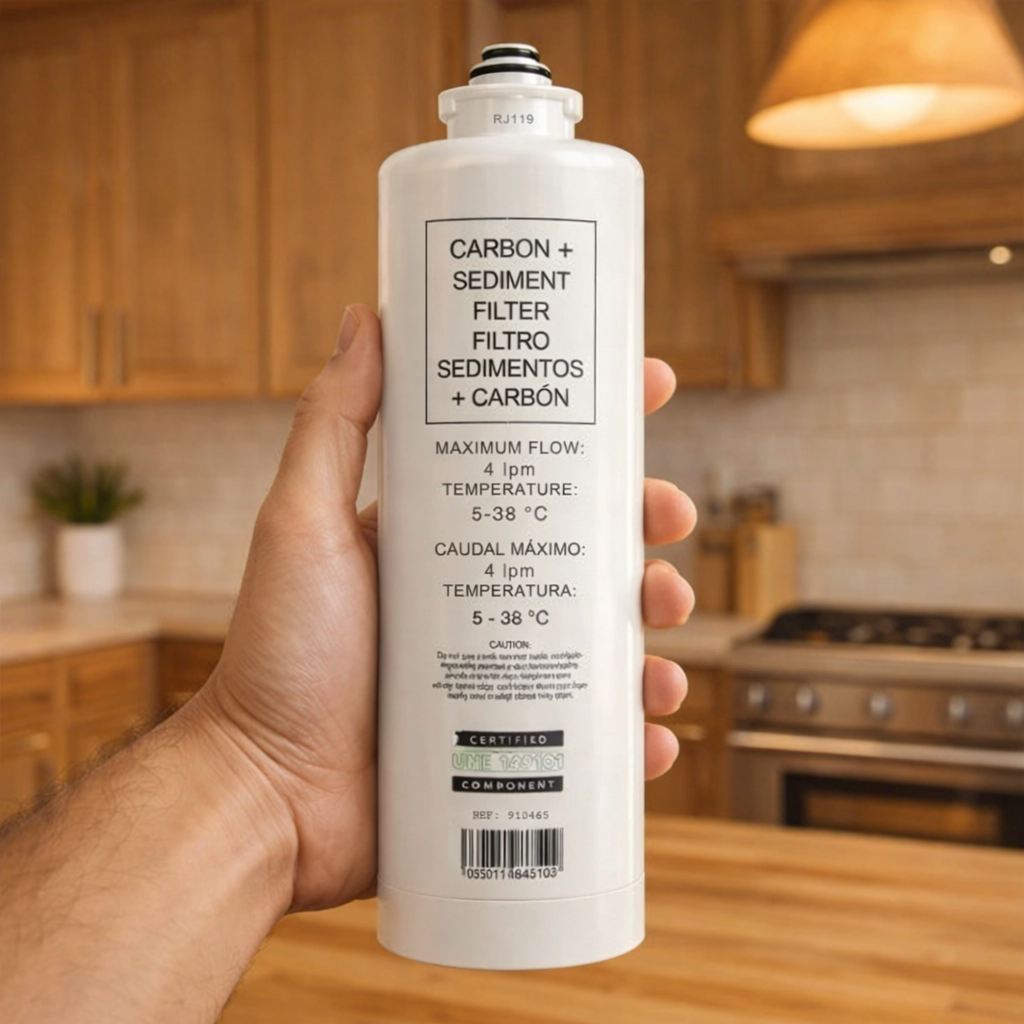 Ersatzfilter für H.Preiss Aquantum Osmoseanlage in einer Küche haltend in einer Hand