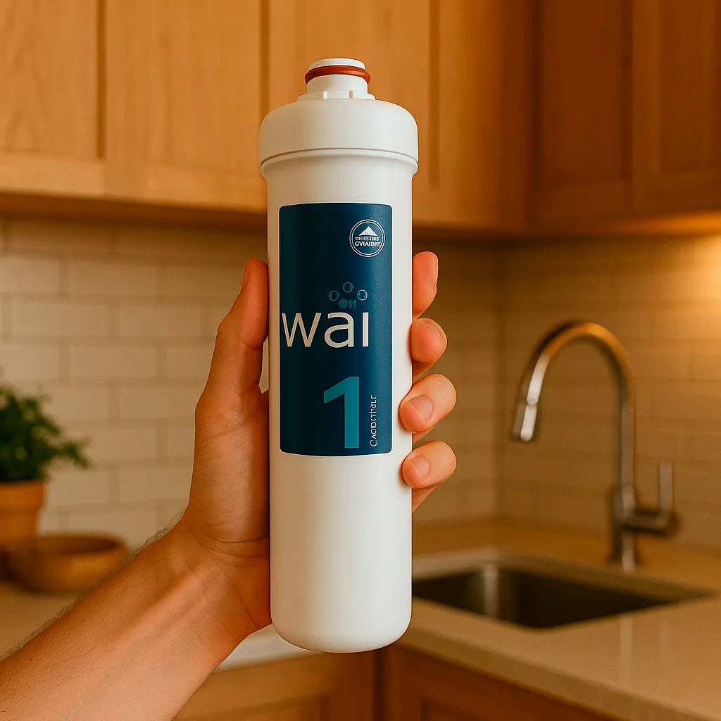 Ersatzfilter Stufe 1 Maunawai Grundfilter für das PiConnect wai Unterbau-Filtersystem - haltend in Hand in warmer Küche