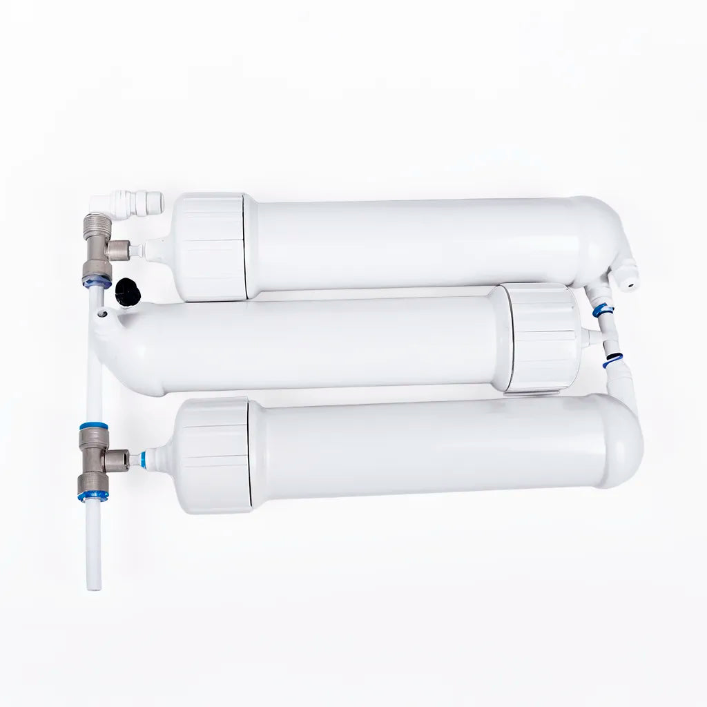 3 Membranen mit Gehäuse für PI-Power Compact 450 Osmoseanlage – Ersatzfilter 150 GPD - präsentiert liegend von oben als Freisteller