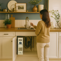 Pi Power Compact 300 Untertisch Osmoseanlage platziert unter Spüle - Frau holt Wasser